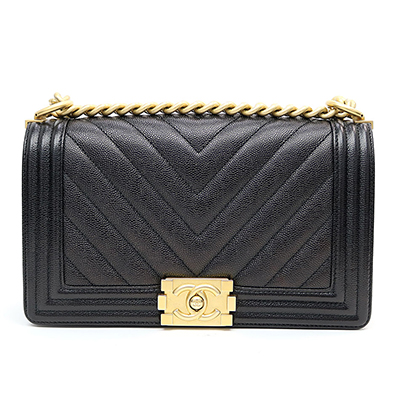 シャネルスーパーコピー 【CHANEL】 ボーイシャネル キャビアスキン シェブロン フラップバッグ ブラック ミディアム チェーンショルダー 斜め掛け キルティング Vステッチ A67086 - 商品画像 7