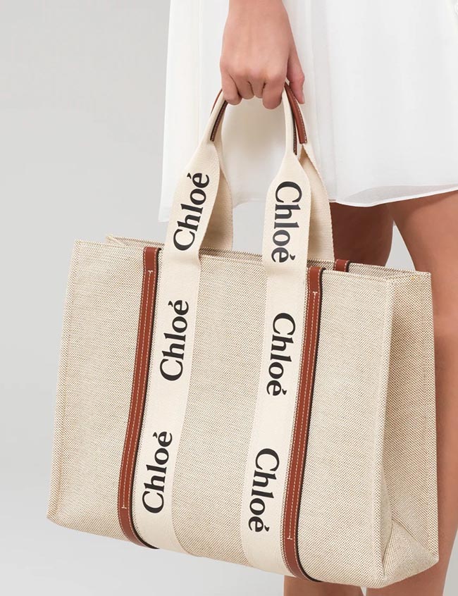 クロエスーパーコピー CHLOE トートバッグ WOODY LOGO ラージ リボン付き コットンキャンバスバッグ ホワイト×ブラウン CHC21US382 E66 90U - 商品画像 1
