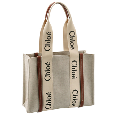 クロエスーパーコピー CHLOE トートバッグ WOODY LOGO ミディアム リボン付き コットンキャンバスバッグ ホワイト×ブラウン CHC21US383 E66 90U - 商品画像 7