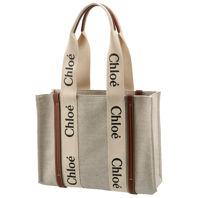 クロエスーパーコピー CHLOE トートバッグ WOODY LOGO ミディアム リボン付き コットンキャンバスバッグ ホワイト×ブラウン CHC21US383 E66 90U - 商品画像 9