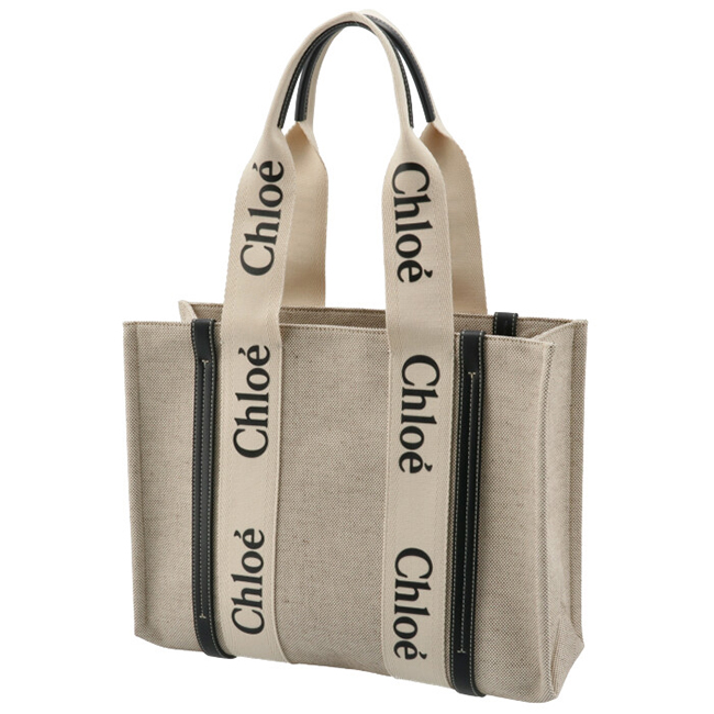 クロエコピー CHLOE トートバッグ WOODY LOGO ミディアム リボン付き コットンキャンバスバッグ ホワイト×ネイビー CHC21US383 E66 91J - 商品画像 4