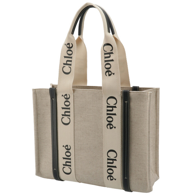 クロエコピー CHLOE トートバッグ WOODY LOGO ミディアム リボン付き コットンキャンバスバッグ ホワイト×ネイビー CHC21US383 E66 91J - 商品画像 9