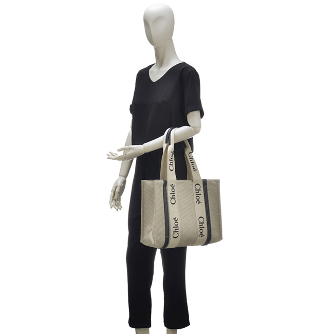 クロエコピー CHLOE トートバッグ WOODY LOGO ミディアム リボン付き コットンキャンバスバッグ ホワイト×ネイビー CHC21US383 E66 91J - 商品画像 8
