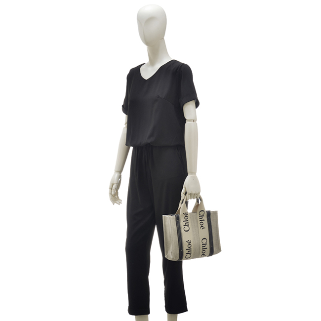 クロエスーパーコピー CHLOE WOODY LOGO スモール リボン付き コットンキャンバスバッグ ホワイト×ネイビー CHC21US385 E66 91J - 商品画像 8