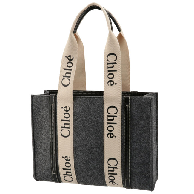 クロエコピー CHLOE トートバッグ WOODY LOGO ミディアム リボン付き リサイクルフェルト グレー系 CHC21WS383 F37 053 - 商品画像 4