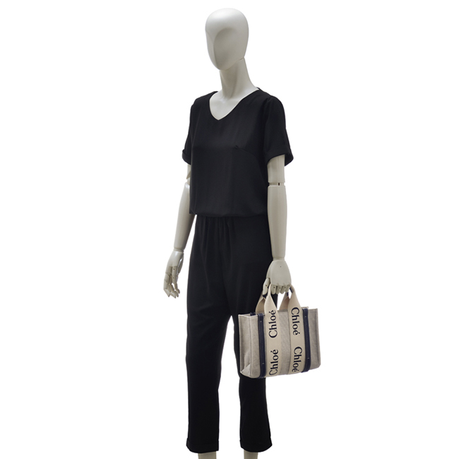 クロエコピー CHLOE ショルダーバッグ WOODY LOGO スモール リボン付き コットンキャンバスバッグ ホワイト×ネイビー CHC21WS397 E66 91J - 商品画像 5