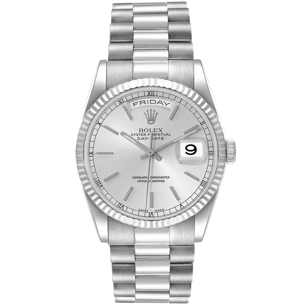 ロレックススーパーコピー デイデイト 36mm プレジデント ホワイト ゴールド シルバー ダイヤル ウォッチ 118239 - 商品画像 1