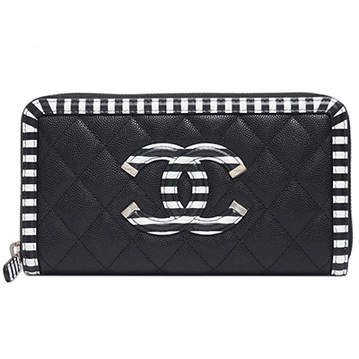 シャネル財布コピー CCフィリグリー ジップウォレット キャビアスキン 黒×黒白ボーダー/SV A84449 CHANEL - 商品画像 7