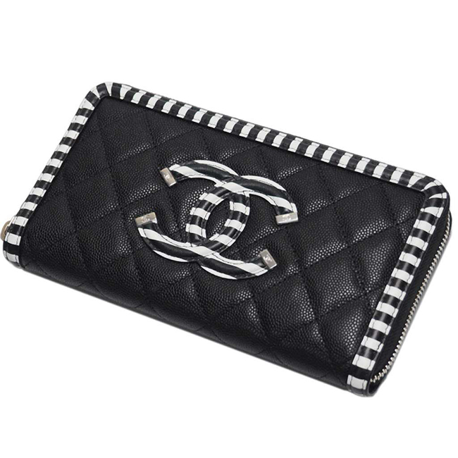 シャネル財布コピー CCフィリグリー ジップウォレット キャビアスキン 黒×黒白ボーダー/SV A84449 CHANEL - 商品画像 4