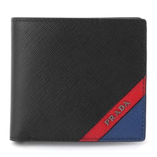 PRADA プラダスーパーコピー 2MO912 2EGO F0UDN SAFFIANO レザー 二つ折り財布 小銭入れなし ロゴメタルプレート バイカラー カラーNERO+FUOCO+BLUE/ブラック×ブルー他 46440メンズ - 商品画像 1