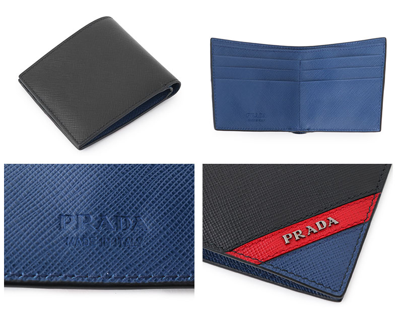 PRADA プラダスーパーコピー 2MO912 2EGO F0UDN SAFFIANO レザー 二つ折り財布 小銭入れなし ロゴメタルプレート バイカラー カラーNERO+FUOCO+BLUE/ブラック×ブルー他 46440メンズ - 商品画像 2